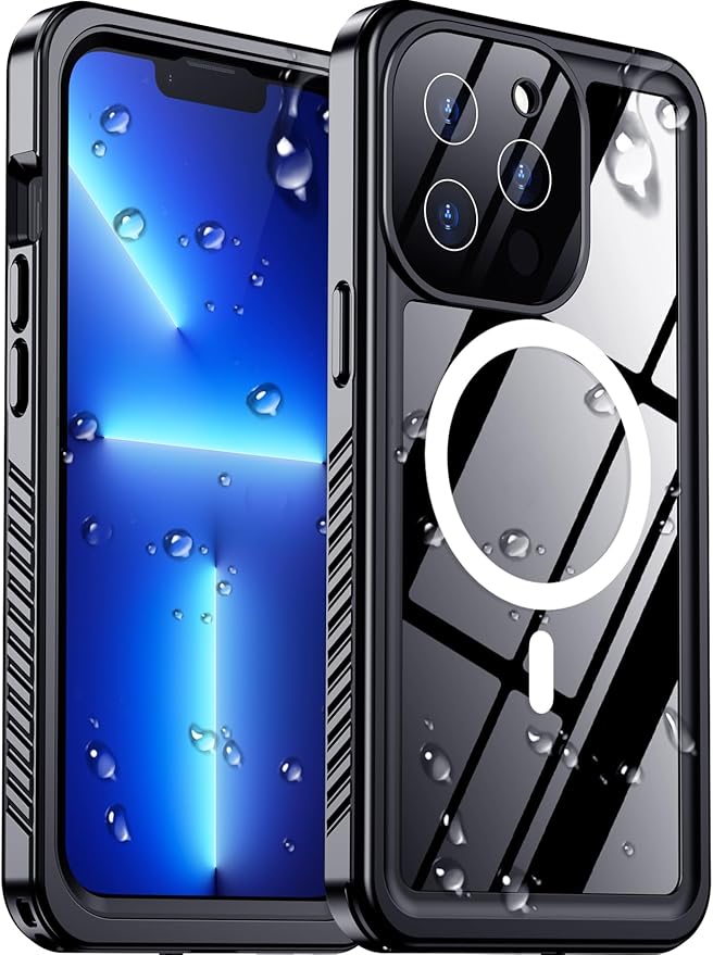 Compatible with iPhone 13 Pro Max Case Waterproof, Built-in Screen & Camera Protector IP68 Underwater Full Body 13FT Military Dropproof Shockproof Phone Case 6.7"-Black/Clear-Mag
