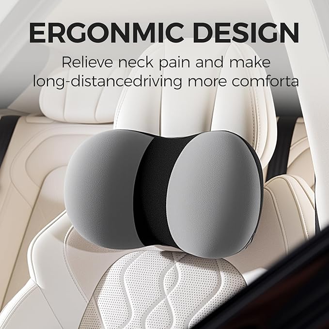 BABUR Car Headrest Pillow, 100% Memory Foam Softness Neck Support Pillow, Universal Fit Head Rest Travel Pillow for Pain Relief While Driving, Gray