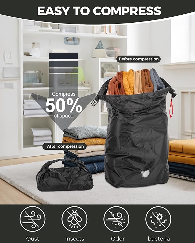 Travel Compression Laundry Bag, Pump-Free Vacuum Space Saver Bag for Dirty Clothes, Reusable Waterproof Wet Dry Bag, Travel Laundry Bag for Luggage, Packing, Suitcase (1 Pcs)（Black, L)
