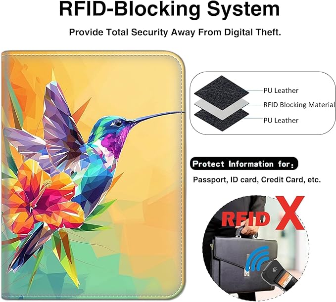 Passport Wallet, Passport Holder with RFID Blocking and Luggage Tag, Waterproof PU Leather Travel Documents Organizer Case, Passport Covers with Card Slot for Women Men,Colorful Hummingbird Abstract