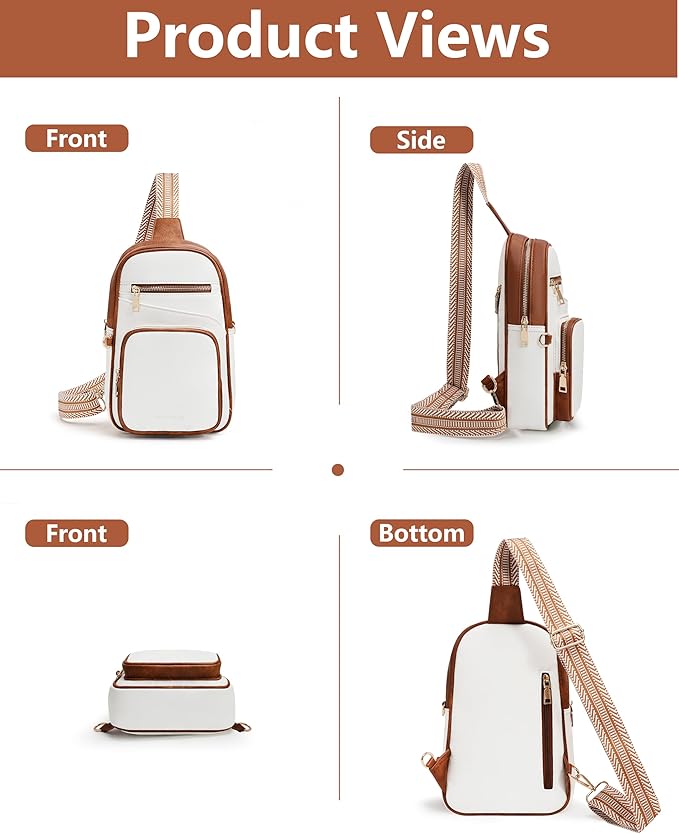 Anti Theft Crossbody Bags for Women,RFID Sling Bag Travel Purse,Vegan Leather Cross Body Purses Chest Bag for Travel(white＆Brown)