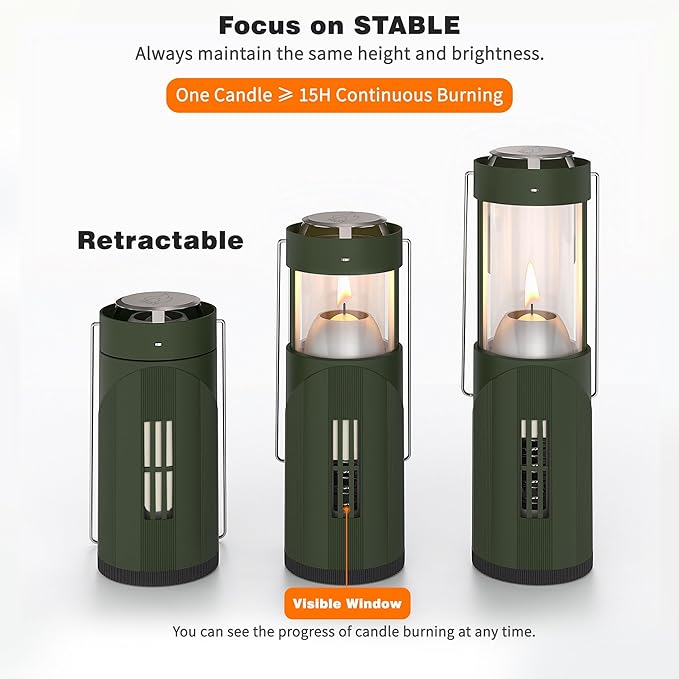 15Hour+ Long Burning Mini Candle Lantern for Real Candles, Outdoor Camping Emergency Lighting, Portable Survival Lantern for Power Outages w/ Storage Bag - Green, 1Pack