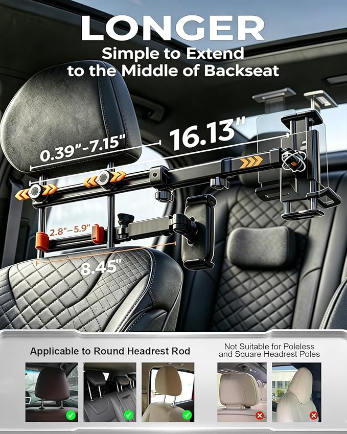 Tablet Holder for Car, 3 in 1 Extension Arm Adjustable Car Headrest Tablet Holder Road Trip Essentials Back Seat Tablets Cars Mount Compatible with iPad Pro, Air, Mini, 4.7-11" Devices