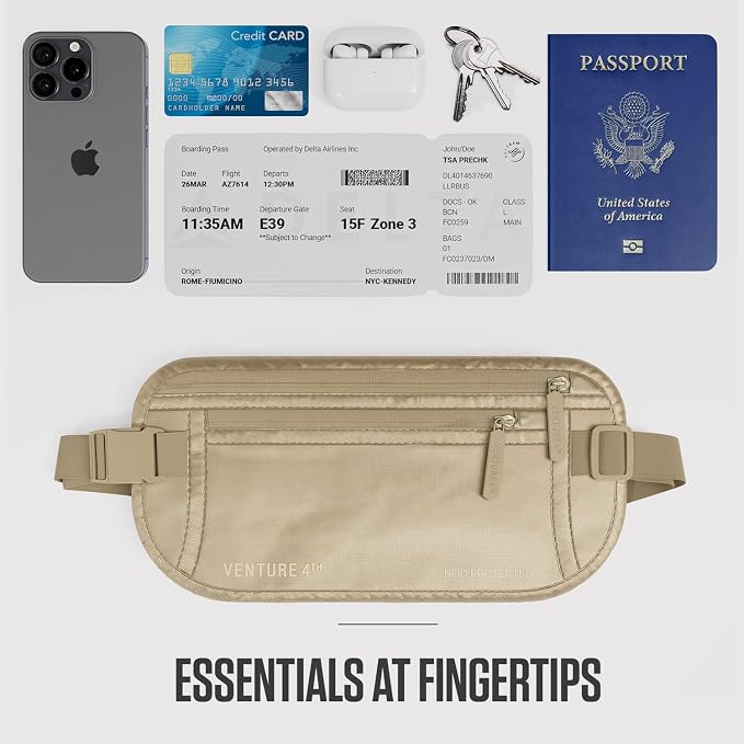 VENTURE 4TH Money Belt for Travel – Slim Hidden Under-Clothes RFID Blocking Anti-Theft Passport Holder & Travel Wallet Pouch for Men & Women to Protect Cash, Cards & Documents (Sleek Beige)