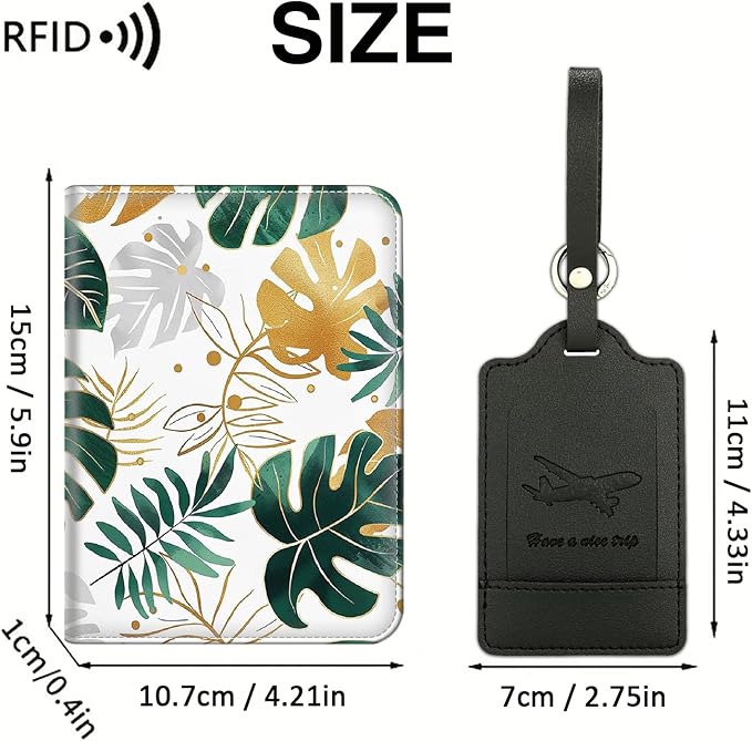 Passport Wallet, Passport Holder with RFID Blocking and Luggage Tag, Waterproof PU Leather Travel Documents Organizer Case, Passport Covers with Card Slot for Women & Men, Tropical Leaves Botanical