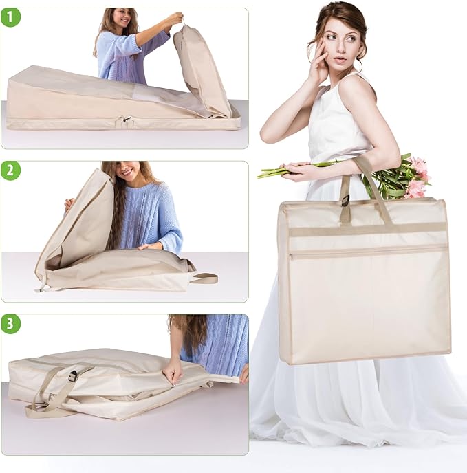 KEEGH Wedding Dress Garment Bag, 72” Tri-fold Bridal Dress Bags for Gowns, With Accessory Pockets and Adjustable Buckle Dress Cover for Wedding/Prom/Travel/Closet Storage (Beige)
