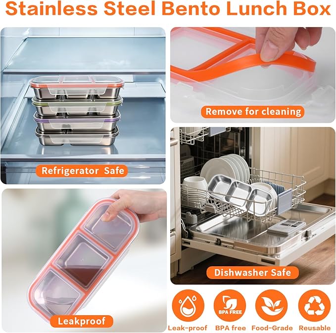 4 Pack Stainless Steel Snack Containers with Lids, 3-Compartments Reusable Lunch Box for Adults, Food Storage Containers Divided Meal Prep Box for Home, Work, Travel