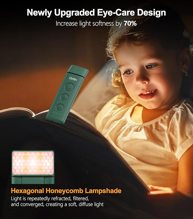Gritin Book Light Rechargeable, Eye Caring 3-Color & 5-Brightness Clip on LED Reading Light for Books in Bed- Stepless Dimming, Long Lasting, Compact Size Flexible Book Lamp for Bookworms-Dark Green
