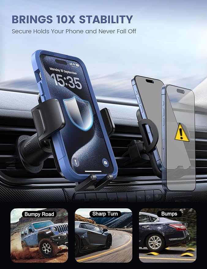 Lamicall 2026 Wider Clamp & Metal Hook Car Phone Holder Vent [Thick Cases Friendly] Phone Holders for Your Car Camera Mounts Automobile Hands Free Cradle Air Vent for iPhone 17 16 15 Pro Max Dark Grey