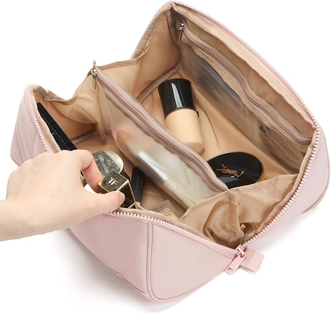 NISHEL Travel Makeup Bag for Women, Fluffy & Lightweight Open Flat Cosmetic Organizer with Multiple Functional Divider for Brush Independent Storage, Handle for Easy Portability, Large, Pink