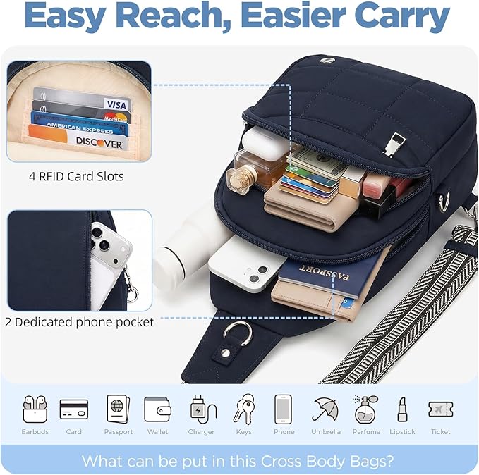 Anti Theft Sling Bag for Men & Women, Lightweight Puffer RFID Crossbody Bag for Travel, Commuting & City Walking, Hands-Free Everyday Essentials Bag Dark Blue