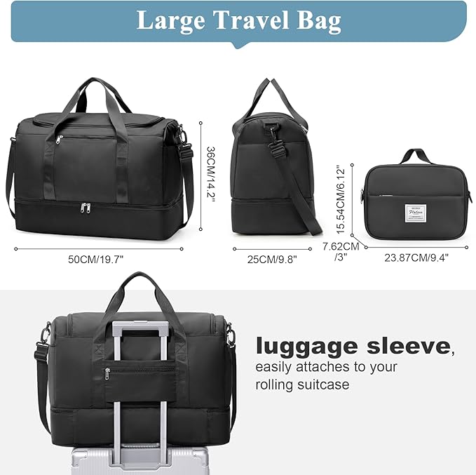 Large Travel Duffle Bag with Shoe Compartment, XL Weekender Bags for Women, Carry On Overnight Bags for Gym Sports & Business Trips, Water-Resistant Hospital Bag for Labor and Delivery,Black