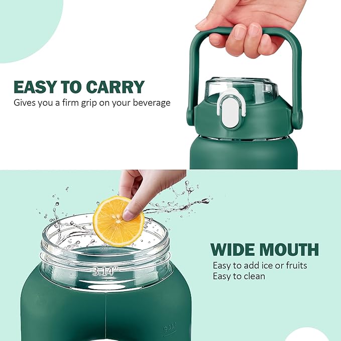 64oz Glass Water Bottles with Straw, Half Gallon Motivational Glass Bottle with Silicone Sleeve and Time Marker, 2L Leakproof Large Glass Water Jug for Gym Home Office, Ink Green
