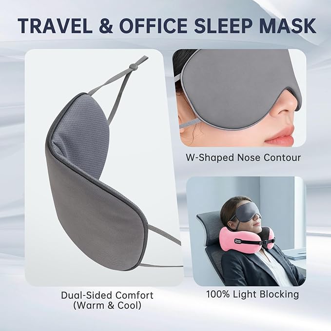Neck Pillow Travel Pillow - 100% Pure Memory Foam Airplane Pillow with Adjustable Clasp & Removable Cover, Portable Travel Essentials for Long Flights, Car & Office (Pink, with Eye Mask)