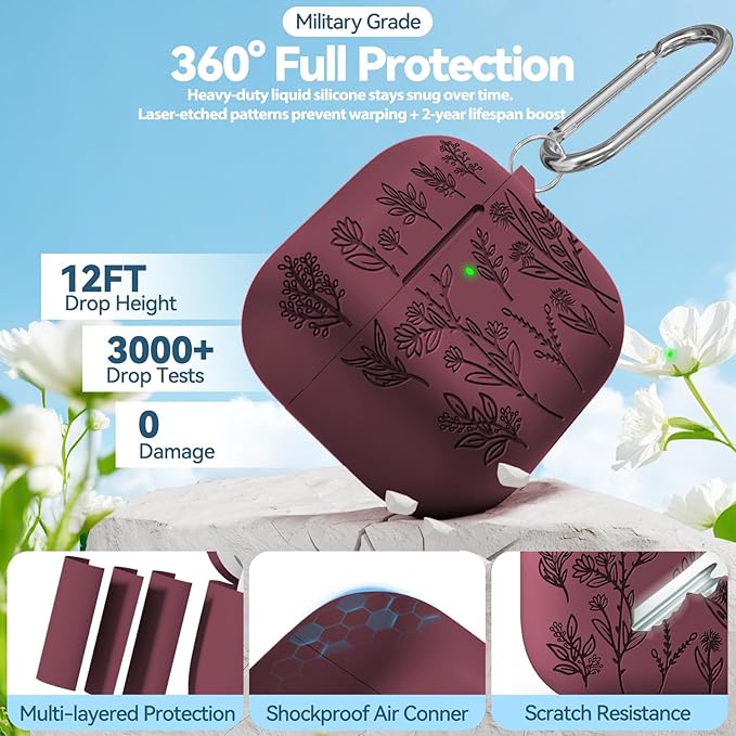 for Airpods 4 Case, Ekoonpft Flower Engraved Cases for Apple AirPods 4th Generation 2024, Soft Silicone Cover for Women Girly with 3-in-1 Cleaning Kit & Keychain, Anti-Scratch, Shockproof