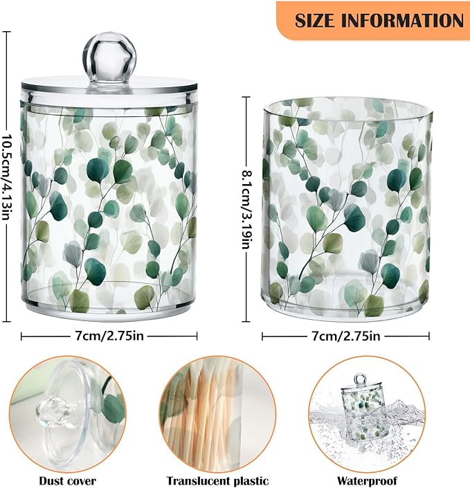 Gredecor Qtip Holder Dispenser 2 Pack Green Watercolor Floral Leaves Apothecary Jars with Lids Bathroom Vanity Countertop Canister Storage Organizer for Cotton Ball,Swabs,Pads,Floss
