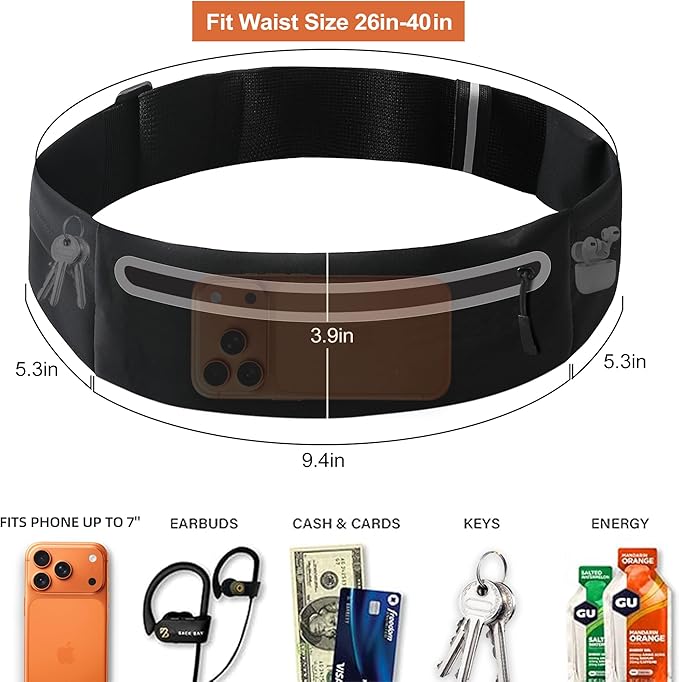 Slim Running Belt for Men Women - No-Bounce Phone Holder Waist Pack, Runners Fanny Pack with Sweat-Proof Pocket ，Travel Money Pouch for Gym/Hiking/Cycling (Black)