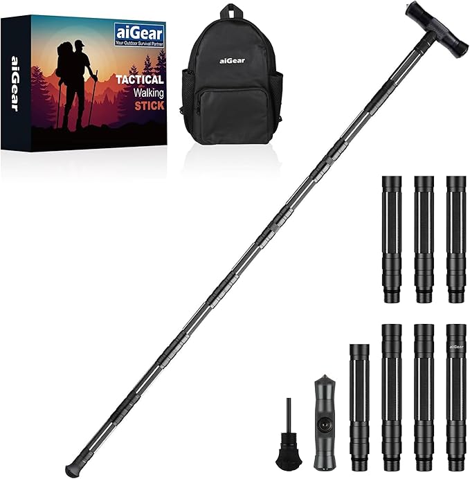 aiGear G2 Tactical Hiking Stick, Heavy-Duty 6-8 Section Adjustable Walking Staff for Men Women, Aerospace Aluminum Trekking Poles with Multi-Tool for Camping Wading Self Defense Overlanding