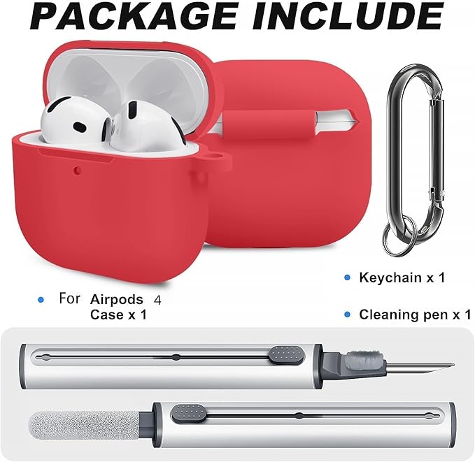 Silicone Case Cover for AirPods 4th Gen, Soft Skin, Full Protection, Keychain, Cleaner Kit (Red)