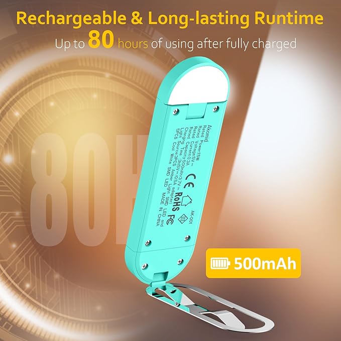 Akomid USB Rechargeable Book Light for Reading in Bed, 8 LEDs Bookmark Style Clip on, Eye-Cared Amber Light Mode for Kids, Blue Light Blocking, Stepless Dimming, Lake Blue