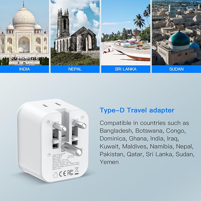 US to India Travel Plug Adapter, Foldable India Power Adapter with 4 USB(2 USB C Port) and 2 AC Outlets Charger, Type D Adaptor for US to India Bangladesh Maldives Nepal Pakistan Sri Lanka