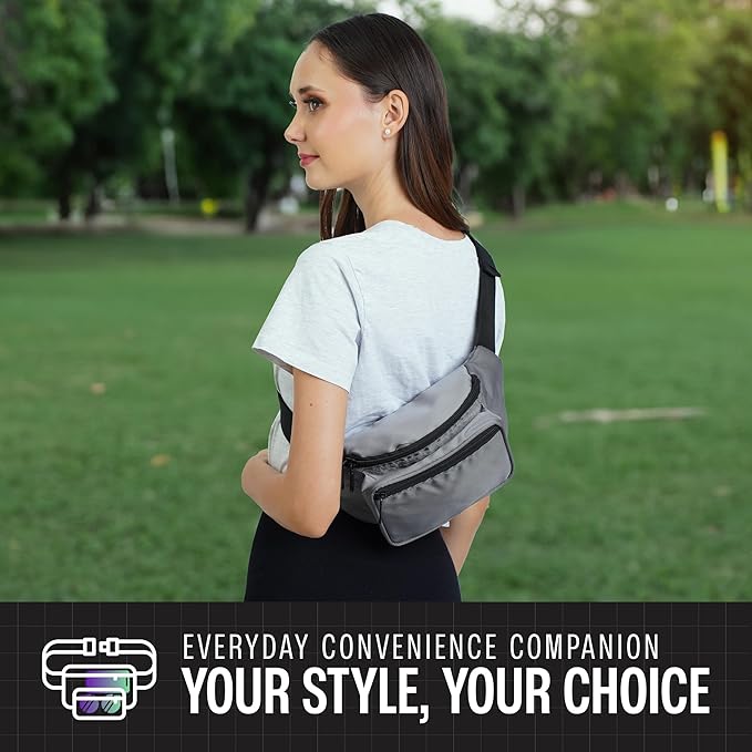 Gray Fanny Pack Belt bag - Crossbody Waist Bag for Men or Women - Hands-Free, Waterproof Large Bumbag for Hiking, Running, and Travel