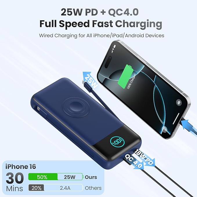 Portable Charger for iPhone with Built-in Cables and AC Wall Plug,26800mah Fast Charging USB C Power Bank,25W PD Travel Essential Battery Pack for iPhone 17/16/15/14/13,Galaxy,Apple Watch (Blue)