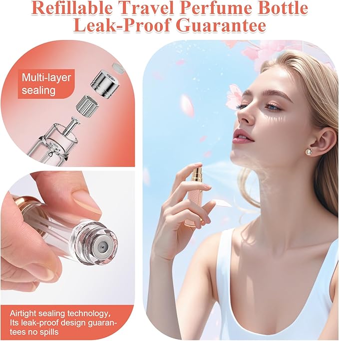 Refillable Travel Perfume Bottle – Fine Mist Atomizer, Bottom Fill, Genuine Leather Shell, TSA Approved, For Daily Refresh & Travel (Pink, 5ml)
