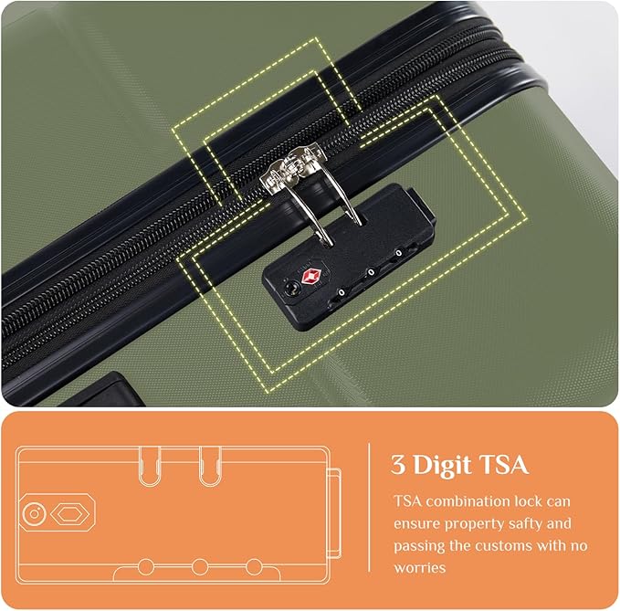 Sweetcrispy 3 Piece Luggage Set, ABS Hard Shell Carry On Suitcase with Smooth Spinner Wheels and TSA Lock, Lightweight Rolling Travel Luggage 20/24/28 Inch for Travel Business Vacation, Green