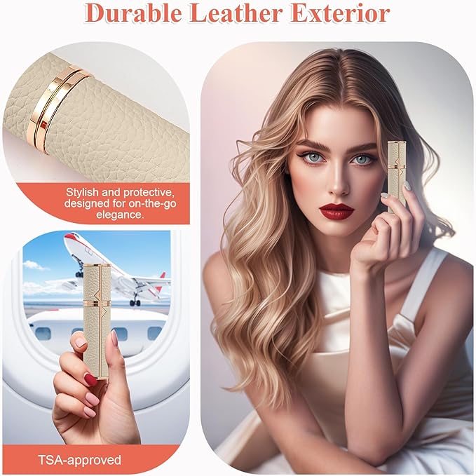 Refillable Travel Perfume Bottle – Fine Mist Atomizer, Bottom Fill, Genuine Leather Shell, TSA Approved, For Daily Refresh & Travel (White, 5ml)