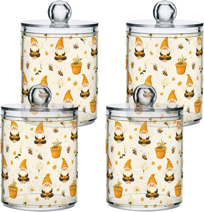 Gredecor Qtip Holder Dispenser 2 Pack Gnome Bees Flying Dwarf Daisy Apothecary Jars with Lids Bathroom Vanity Countertop Canister Storage Organizer for Cotton Ball,Swabs,Pads,Floss
