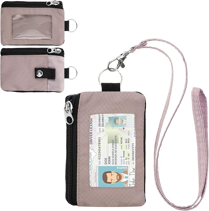 Minimalist RFID Wallet with Lanyard, Multi-Functional ID Case with 2 Zipper Pockets and Key Chain for Men and Women, Tactical Badge Pouch Cards Holder, Coin Purse for Travel Sports - Gray&Pink