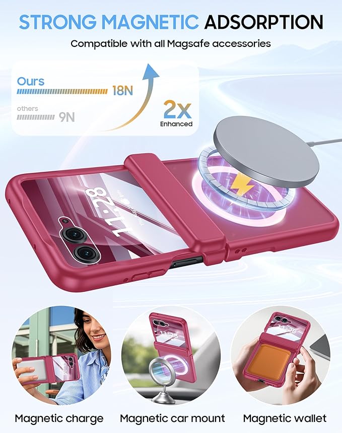 Magnetic for Motorola Razr+ Plus 2026,Razr+ 2025/2024 Case,Hinge Protection, Screen Protector, Compatible with MagSafe, Translucent Frosted, Shockproof Cover for Razr+ 2026/2025/2024-Rose Red