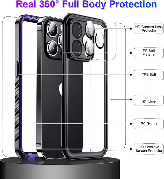Compatible with iPhone 14 Pro Max Case Waterproof, Built-in Screen & Camera Protector IP68 Underwater Full Body 14FT Military Dropproof Shockproof Phone Case 6.7"-Purple/Clear
