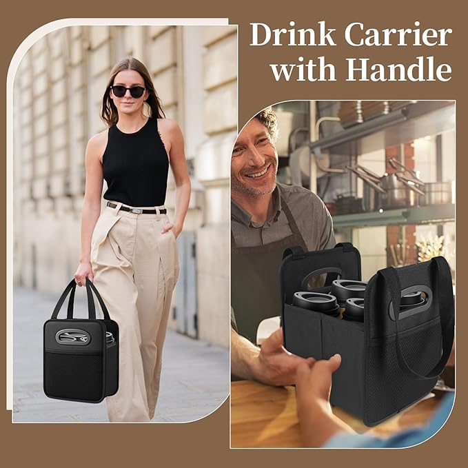 Foyego 2 Pack Drink Carrier with Handle, Reusable 4 Cup Carriers for Drinks, Portable Foldable Insulated Coffee Cup Drink Holder for Delivery and Caddy