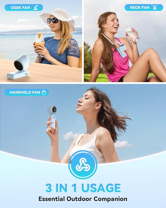 PlayHot Portable Handheld Turbo Fan, 5-Speed Personal Fan, USB-C Rechargeable Fan Up to 12 Hours, 3 IN 1 Hand Fan with Air Turbo Tech Cooling, Travel Fan for Cruise, Beach, Gifts for Women (Blue)