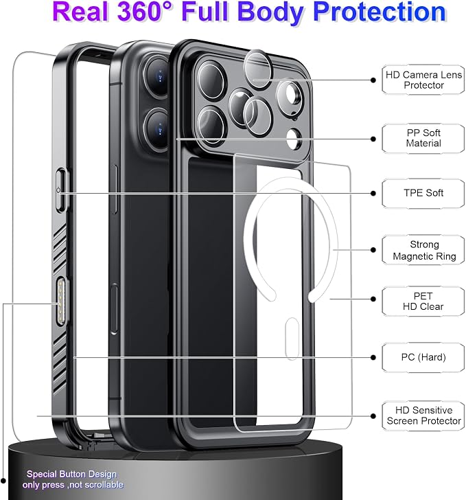 Magnetic Compatible with iPhone 17 Pro Max Case,Waterproof Built-in Screen & Camera Protector IP68 Underwater Full Body 17FT Military Dropproof Shockproof Phone Case 6.9"-Mag/Black