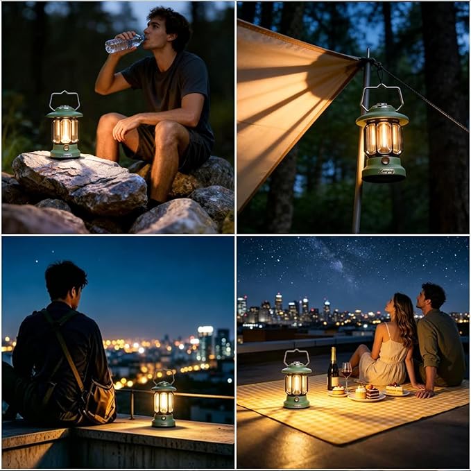 Rechargeable Camping Lantern Outdoor 1200LM, 3600mAh LED Dimmable Warm & White Modes, Retro Tent Lamp Hanging Lights for Outside, Rustic Decor, Powered Lanterns Lighting for Garden Patio Decorative