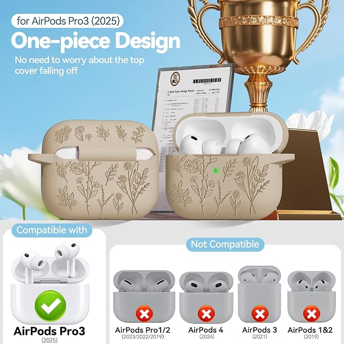 Ekoonpft for Airpods Pro 3 Case, Flower Engraved Cases for Apple AirPods Pro 3rd Generation 2025, Soft Silicone Cover for Men Women Girly with Cleaning Kit & Keychain, Anti-Scratch, Shockproof