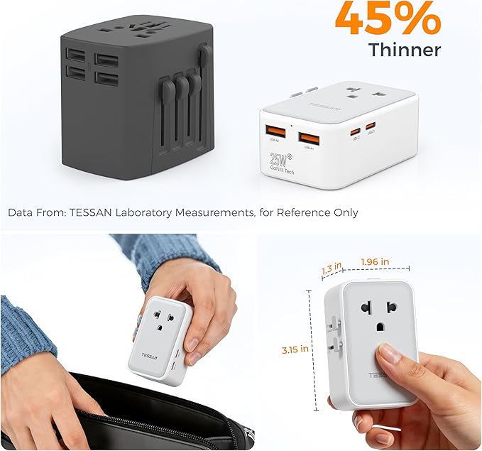 TESSAN Universal Travel Adapter PD 25W, Ultra Thin International Power adapter Fast Charger, Worldwide Plug Adaptor with 2 USB A 2 USB C for US to European UK Australia Ireland (Type C G A I)