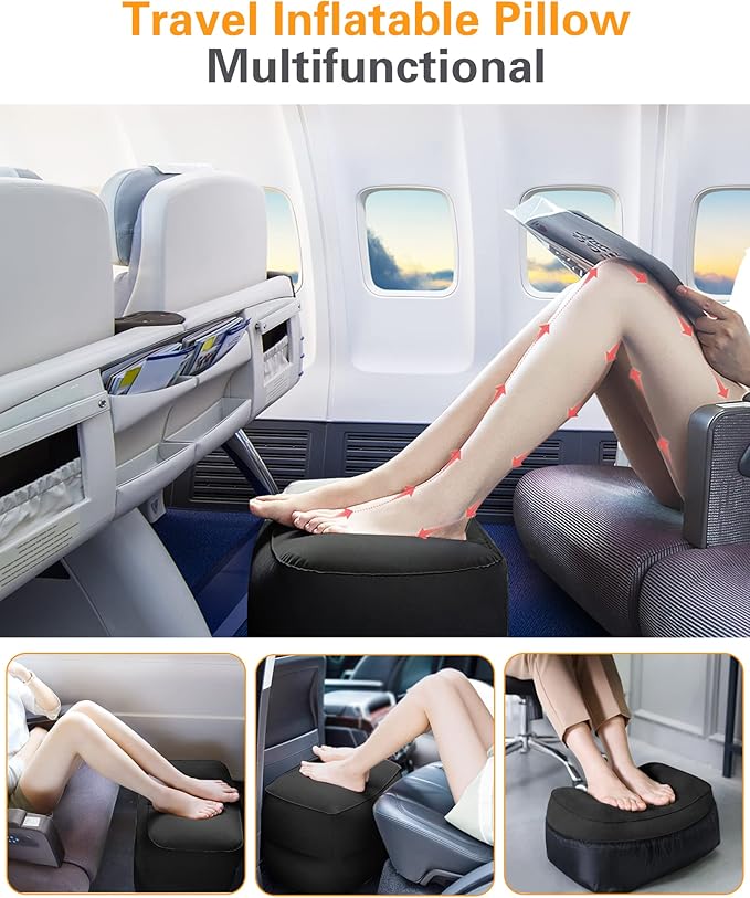 Sunany Inflatable Foot Rest Pillow for Travel, Kids/Adults Airplane Travel Pillow-Adjustable Height for Kids to Sleep While Traveling,Suitable for Airplane, Cars, Office, Home and Any Travel (Black)