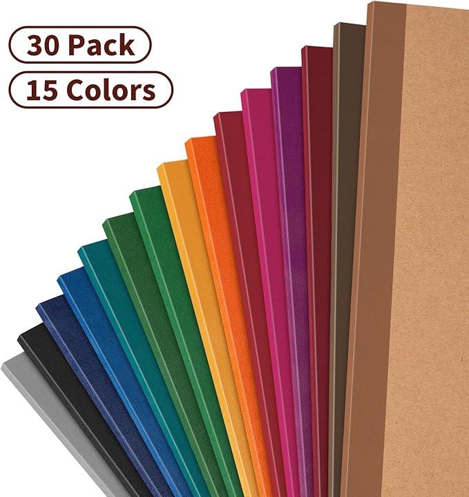 ALKALO 30 Pack Blank Notebook Journals Bulk, A5 Unlined Paper Composition Notebook, 8.3”x 5.5”, Kraft Cover with Vintage Spines, 15 Colors 60 Pages for School Office Travel(Vintage-Blank-30 pack)