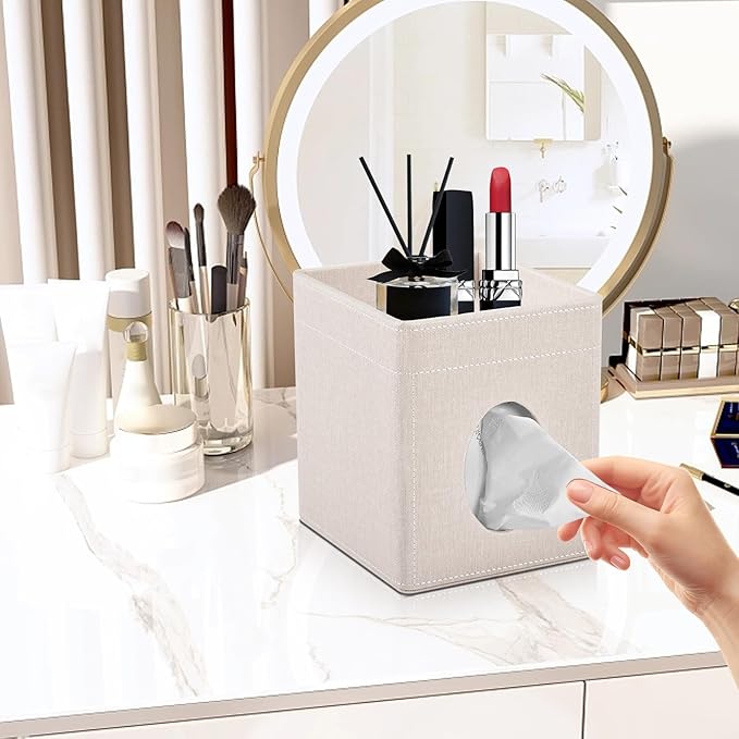 Tissue Box Cover with Storage Tray Square Tissue Box Holder PU Leather Facial Tissues Organizer Tray for Bathroom Vanity Bedroom Office Car,Stylish Napkin Caddy Decorative Organizer,Beige