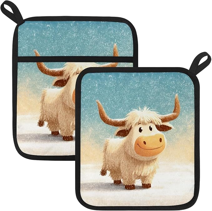 Smiling White Highland Calf Pot Holders with Pockets 2 PCS, Heat Resistant Oven Mitts Hot Pads for Kitchen Baking Cooking, Square Thick Pot Holders Kitchen Hot Potholders, 8.5x10 Inches