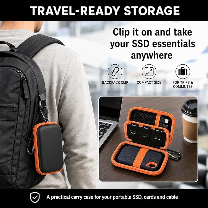 PAIYULE SSD Case for SanDisk Extreme Portable SSD Old & New Model and Extreme PRO,Hard Shell Protective Storage Bag, Fits 1TB 2TB 4TB 8TB External Solid State Drive for Travel (Orange SD Card Pocket)