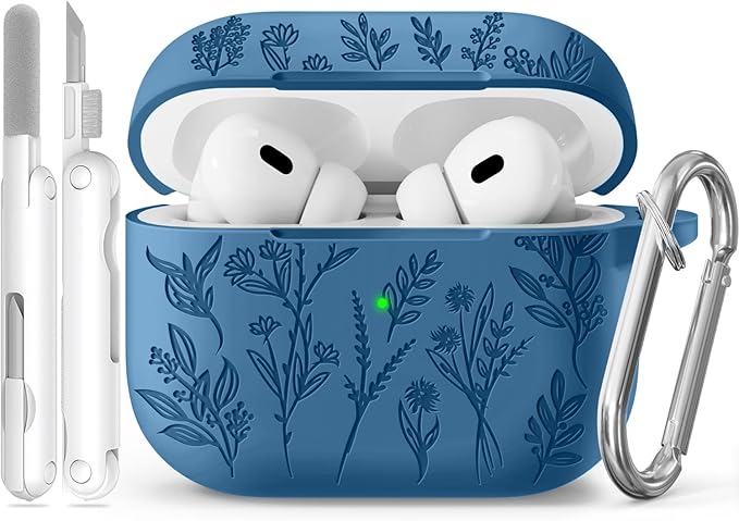 for AirPods Pro 2 Case, Ekoonpft Silicone AirPod Pro Cases with 3-in-1 Cleaning Kit & Keychain, Flower Engraved Cover for Apple AirPods Pro 2nd/1st Generation, Shockproof & Anti-Scratch