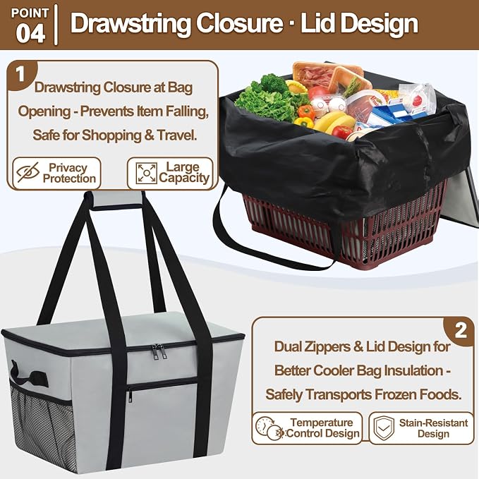Reusable Grocery Bag – Expandable Insulated Cooler Bag with Bottom Board, Collapsible Insulated Shopping Bag with Zipper & Drawstring, Heavy Duty Tote Bag for Shopping, Delivery, Picnic, Beach