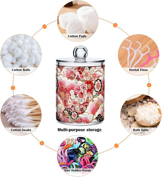 2 Pack Qtip Holder Organizer Dispenser Japanese Flowers Pattern Bathroom Storage Canister Cotton Ball Holder Container for Cotton Pads/Swabs/Floss