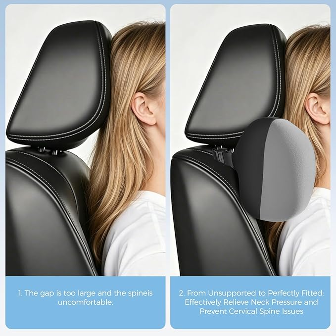 BABUR Car Headrest Pillow, 100% Memory Foam Softness Neck Support Pillow, Universal Fit Head Rest Travel Pillow for Pain Relief While Driving, Gray