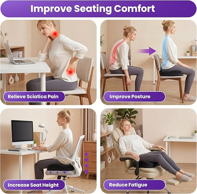 ZZ-WELL Seat Cushions for Office Chairs - Coccyx Cushion for Tailbone Pain - Memory Foam Extra Large Thick Seat Cushion 21.2 Inches, Patented Pressure Relief for Computer Gaming Chair (Black)